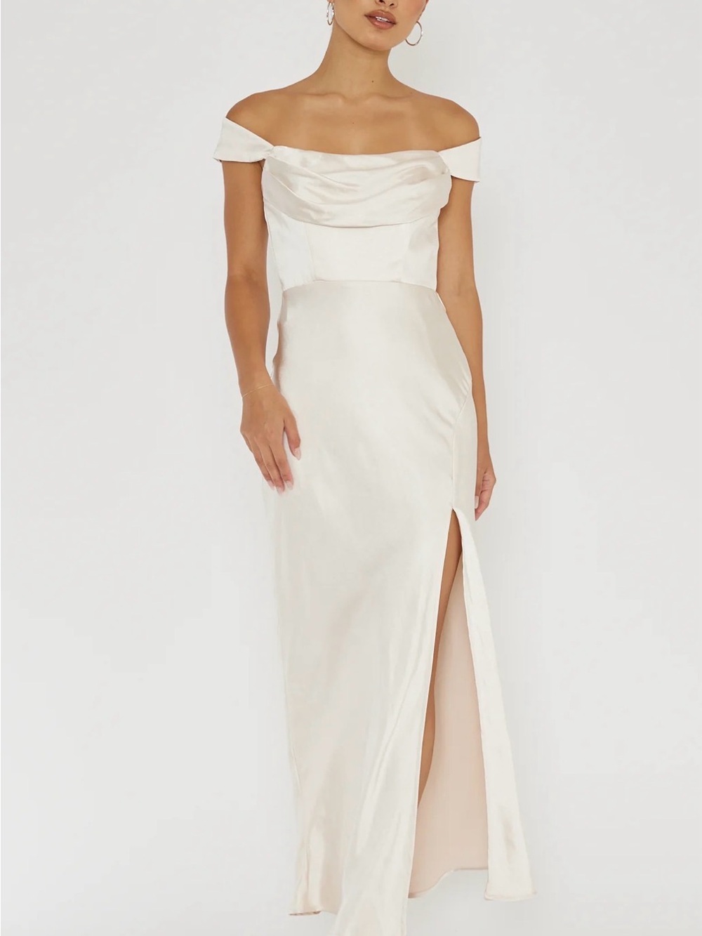 Selfie Leslie Off-Shoulder Champagne Satin Gown with Side Slit
